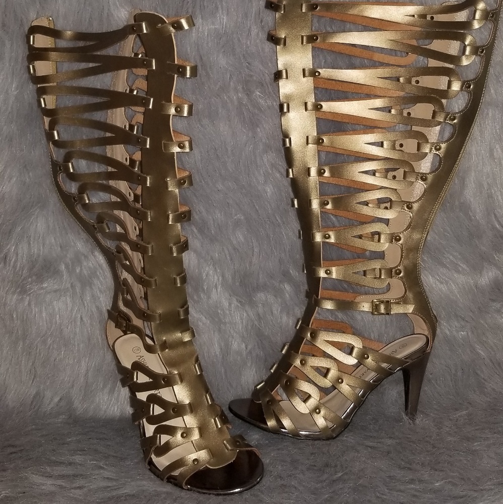 Gold Gladiator Heels Wide Calf (Plus Size friendly